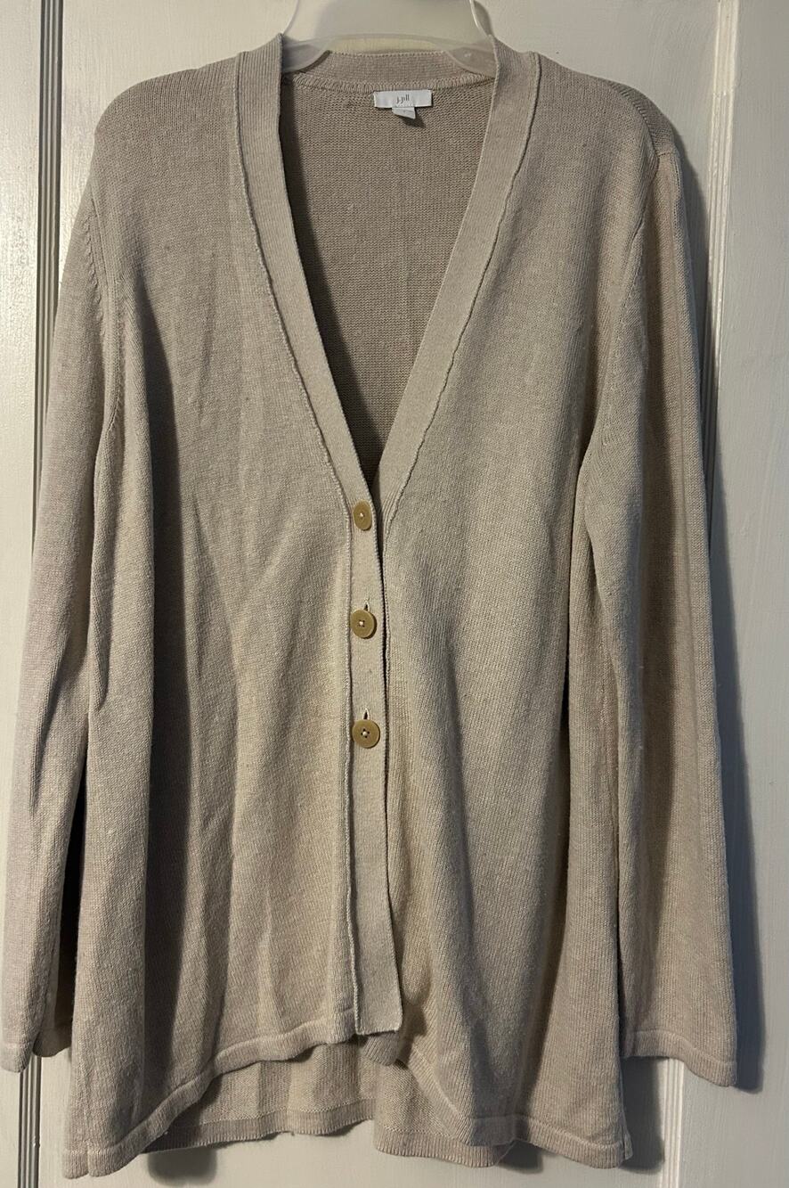 J. Jill women’s tan long sleeve cardigan sweater minimalist preppy size large